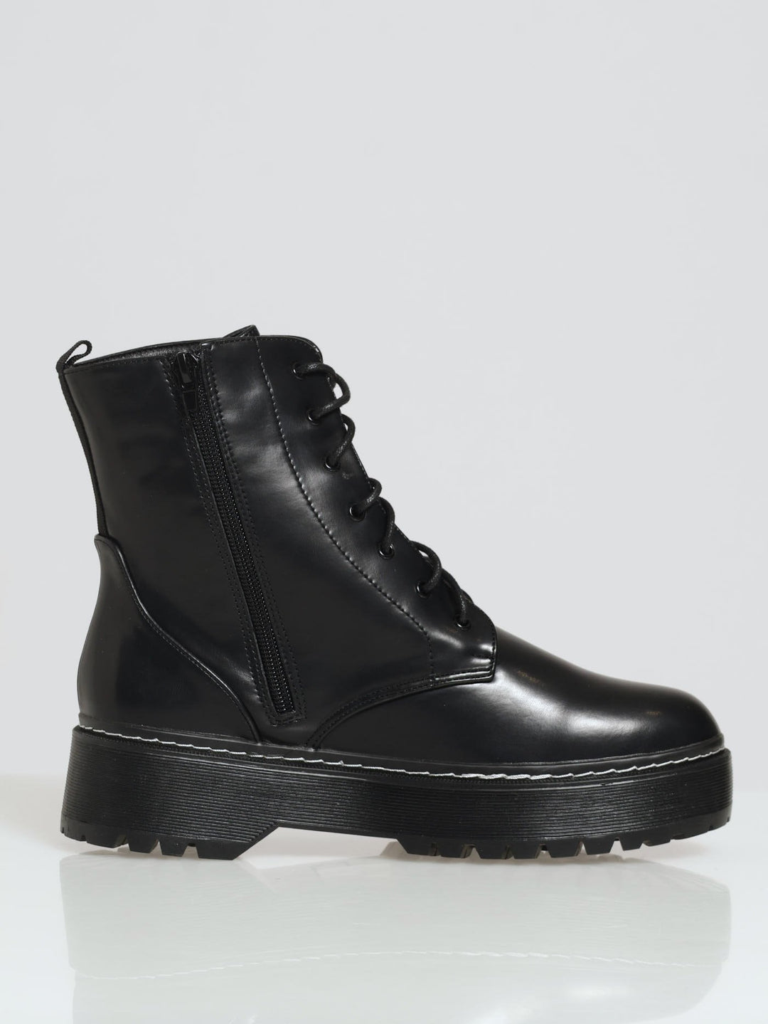 Heavy Cleated Lace-Up Boot With Contrast Stitching - Black/White
