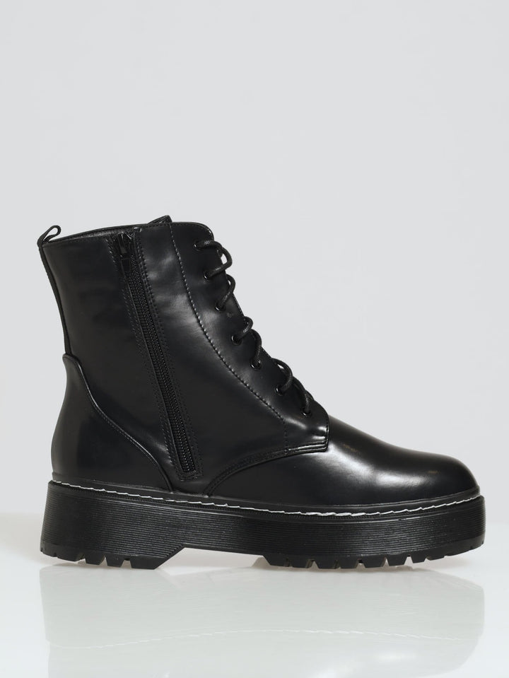 Heavy Cleated Lace-Up Boot With Contrast Stitching - Black/White