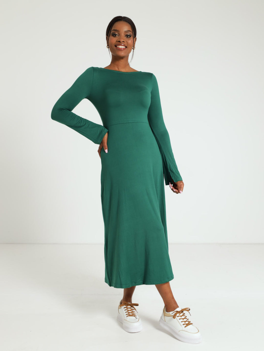 Long Sleeve Boatneck Midi Dress - Forest Green