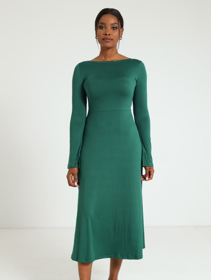Long Sleeve Boatneck Midi Dress - Forest Green