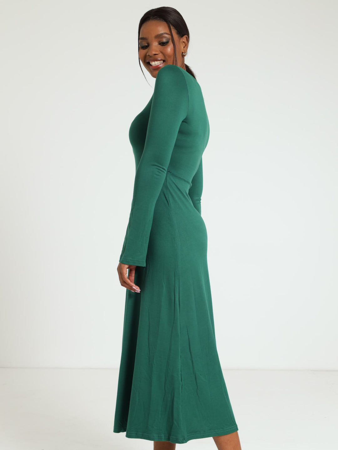 Long Sleeve Boatneck Midi Dress - Forest Green