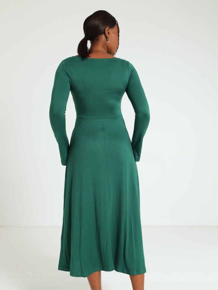 Long Sleeve Boatneck Midi Dress - Forest Green