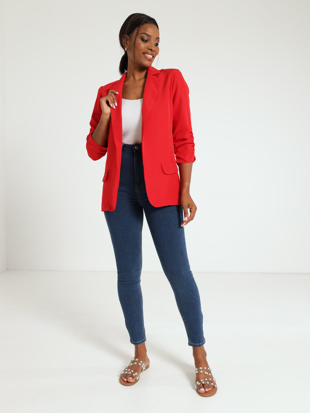 Gauged Sleeve Blazer - Red