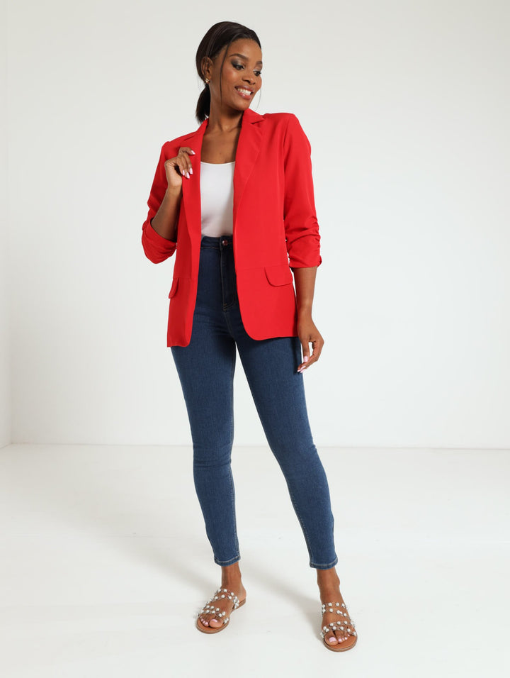 Gauged Sleeve Blazer - Red