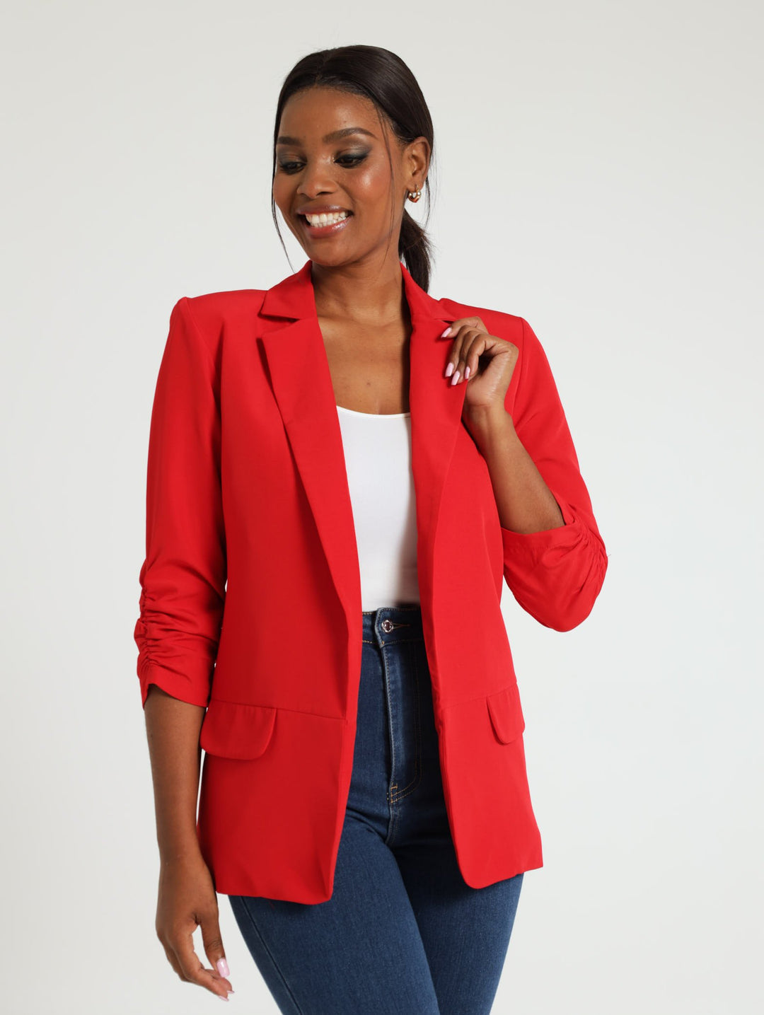 Gauged Sleeve Blazer - Red