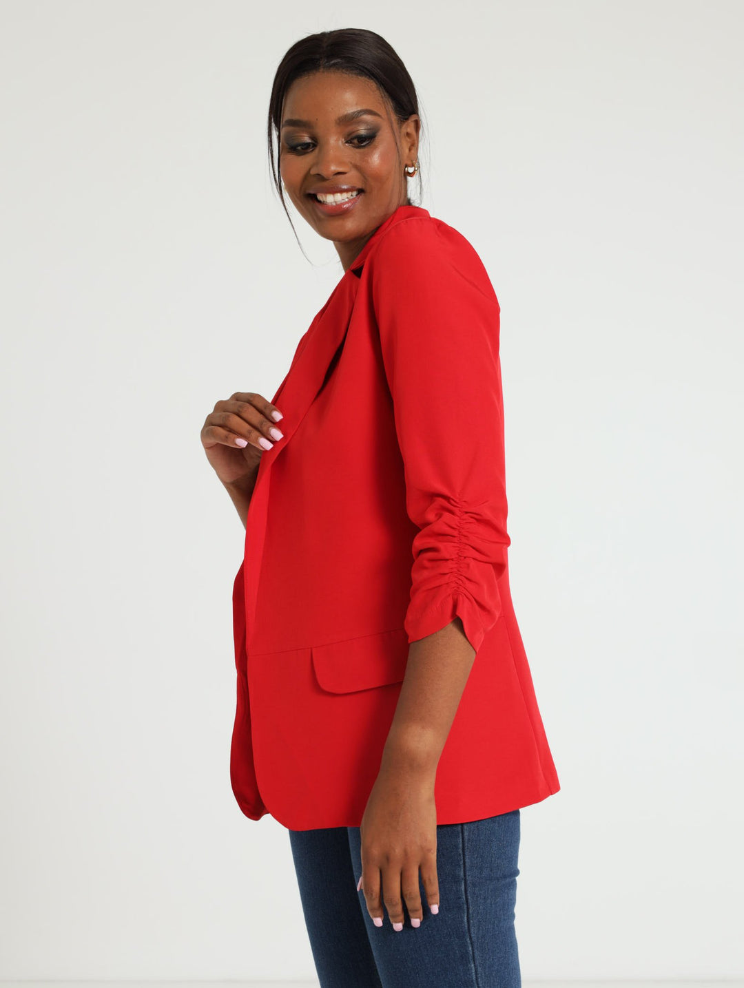 Gauged Sleeve Blazer - Red