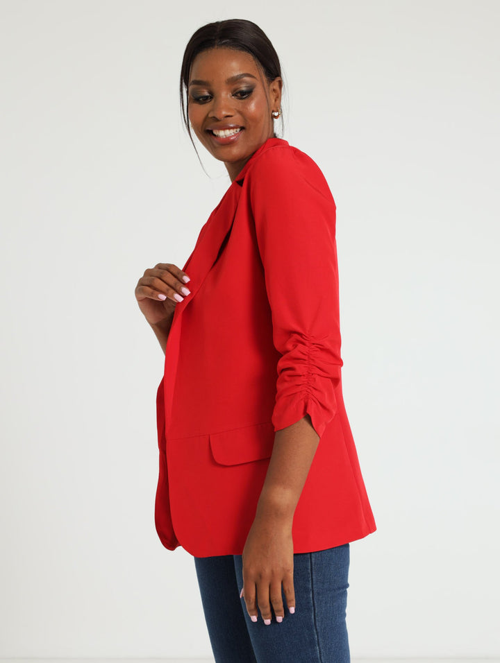 Gauged Sleeve Blazer - Red