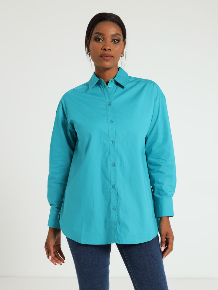 Long Sleeve Oversized Curved Hem Poplin Shirt - Turquoise