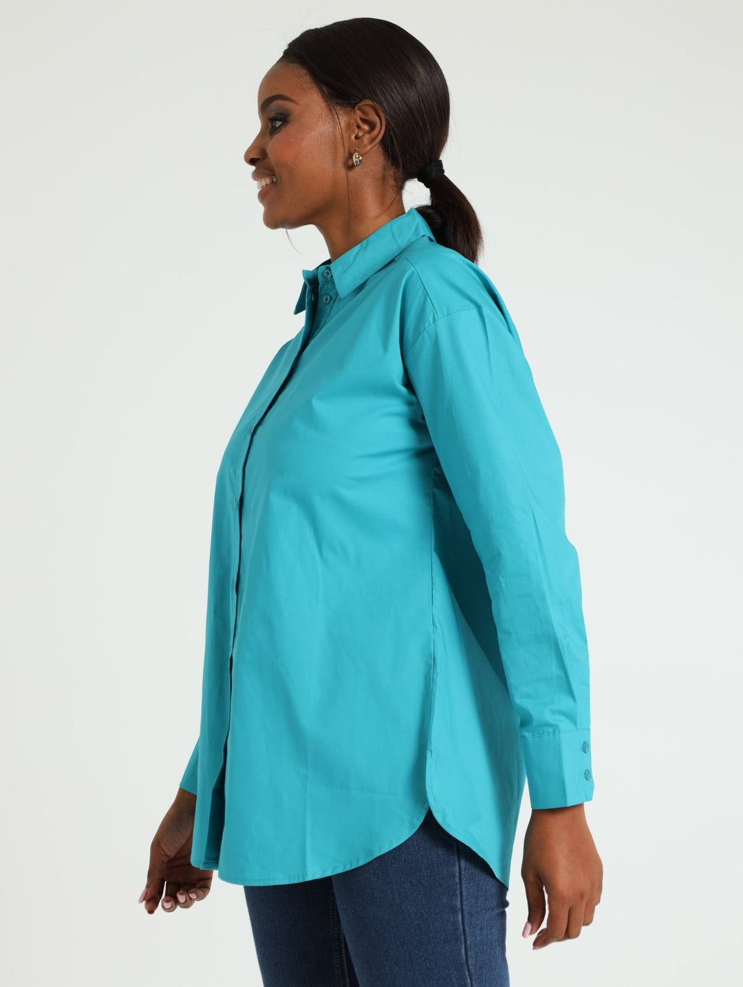 Long Sleeve Oversized Curved Hem Poplin Shirt - Turquoise