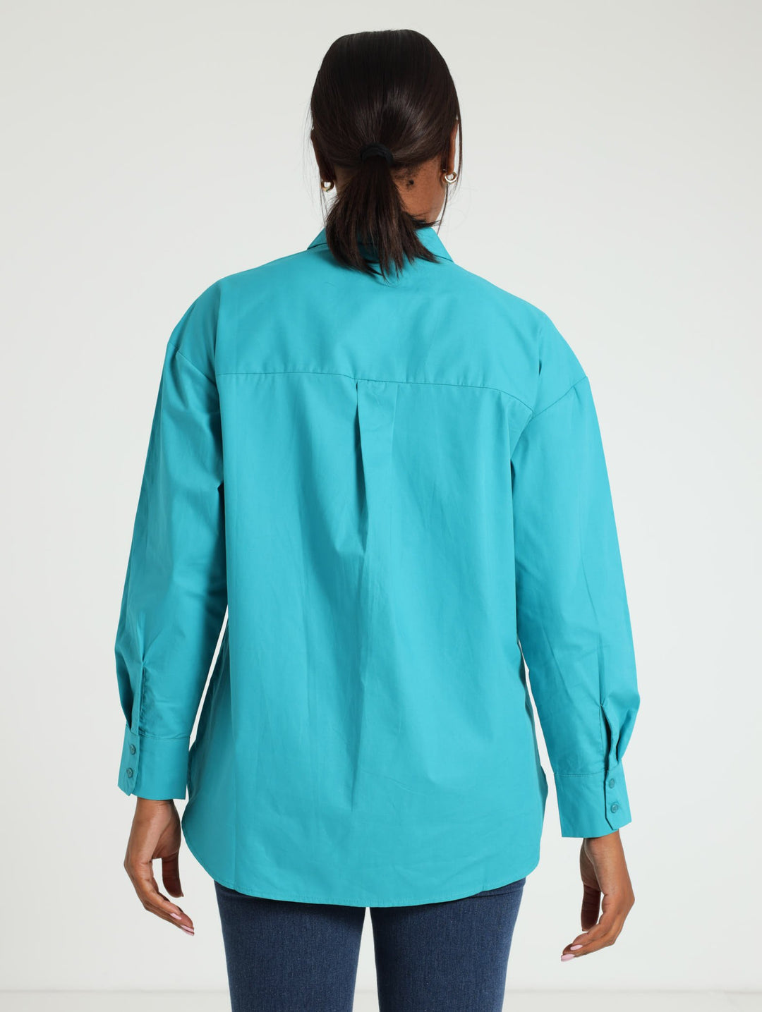 Long Sleeve Oversized Curved Hem Poplin Shirt - Turquoise