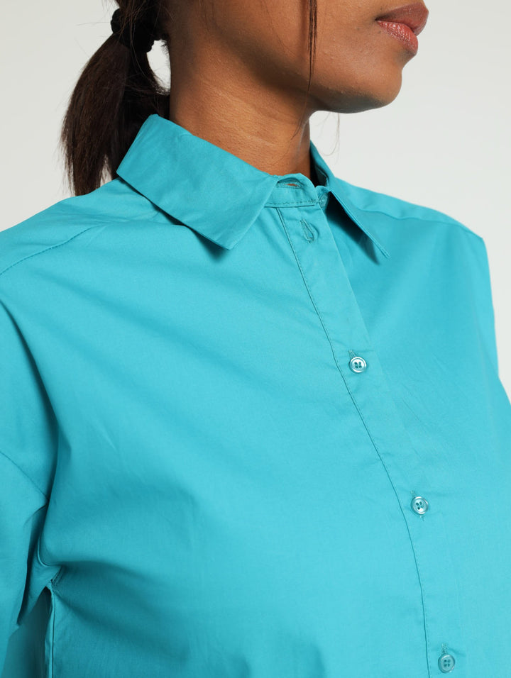 Long Sleeve Oversized Curved Hem Poplin Shirt - Turquoise