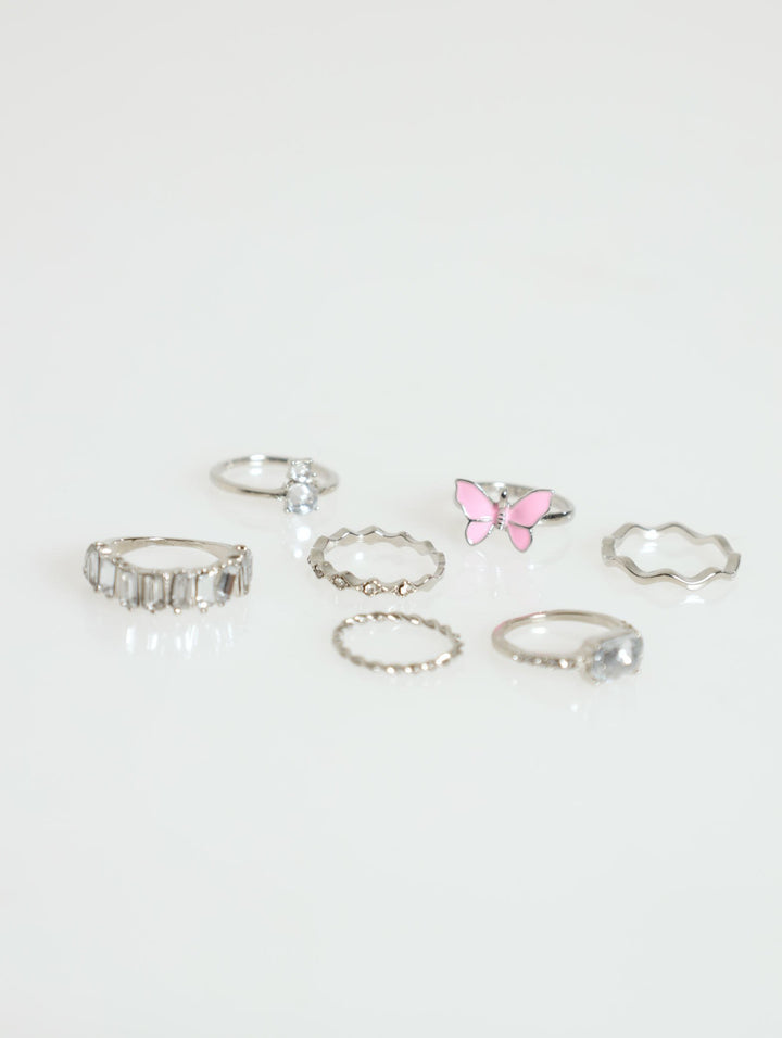 7 Pack Butterfly Ring - Silver