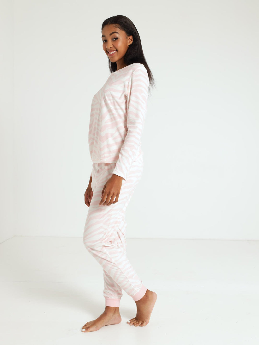 Long Sleeve Micro Zebra Print Sleepwear Set - Pink