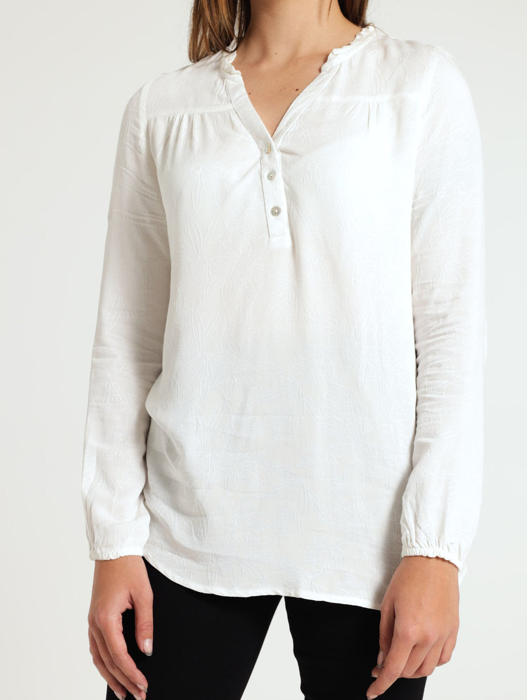 Embossed Henley Top - White