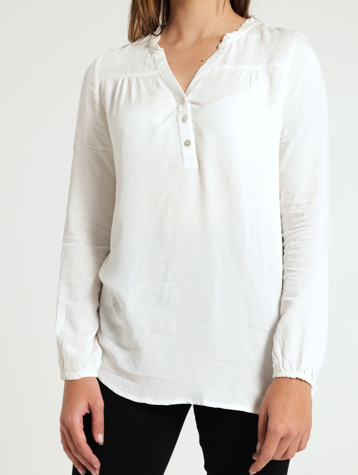 Embossed Henley Top - White
