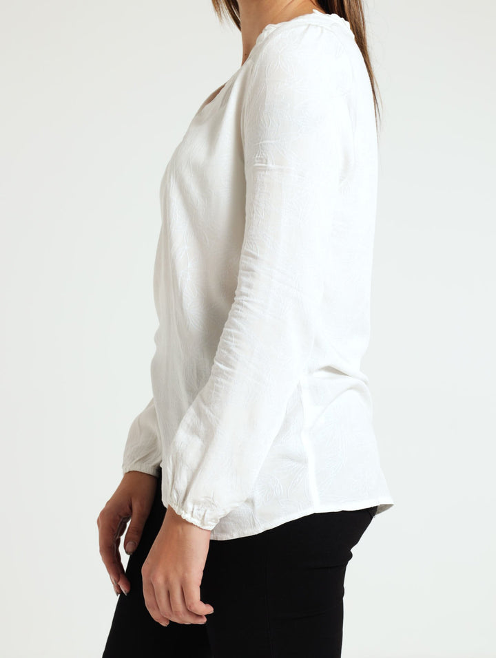 Embossed Henley Top - White