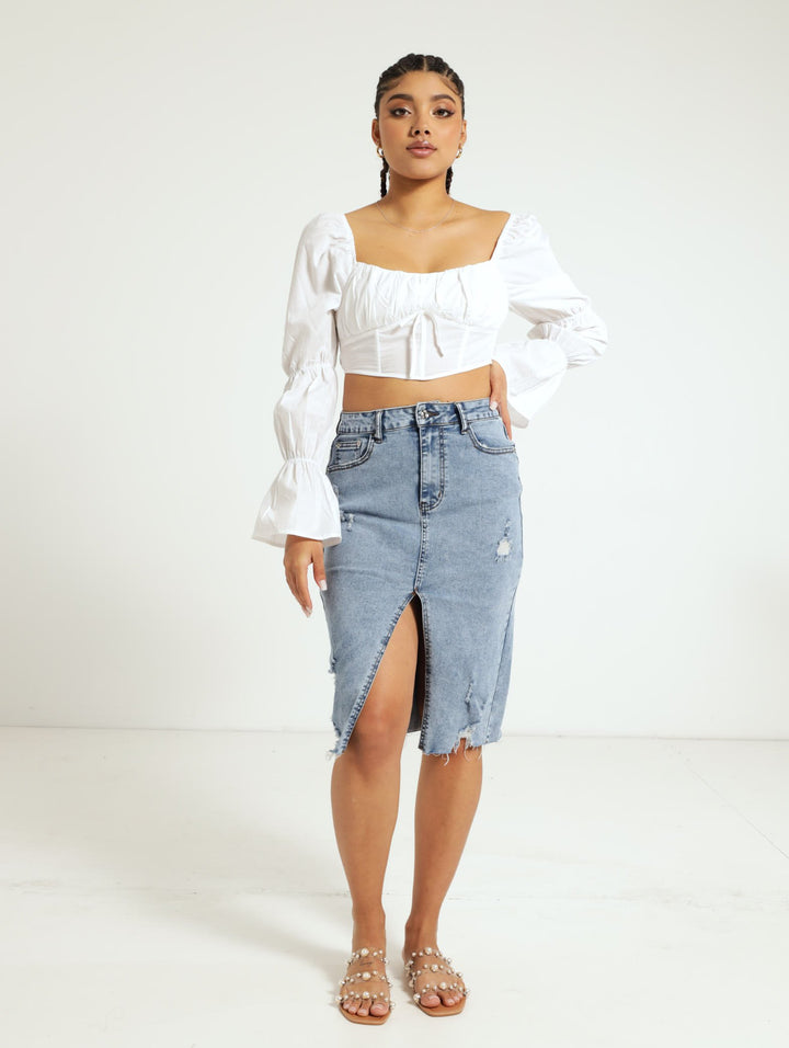 Abraised Denim Midi Skirt - Dark Blue