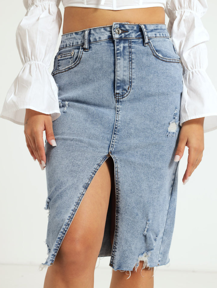 Abraised Denim Midi Skirt - Dark Blue