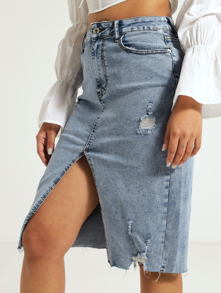 Abraised Denim Midi Skirt - Dark Blue