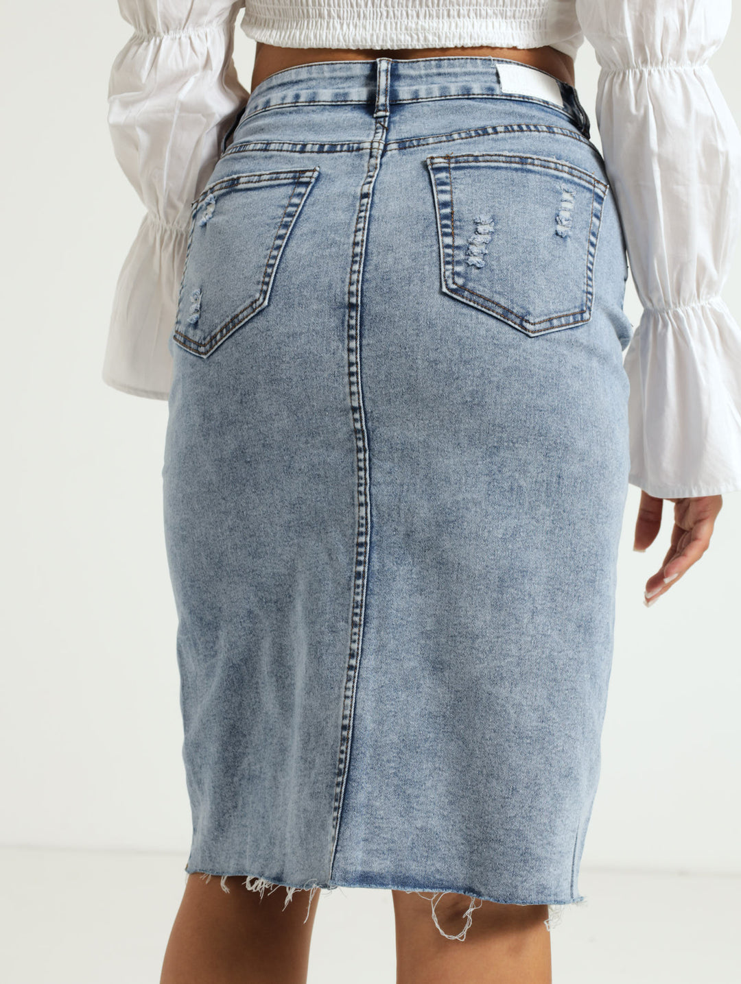 Abraised Denim Midi Skirt - Dark Blue