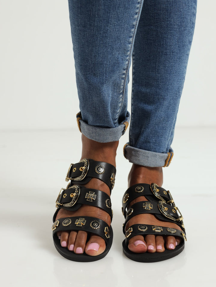 Surreal Double Western Buckle Mule With Charm - Black