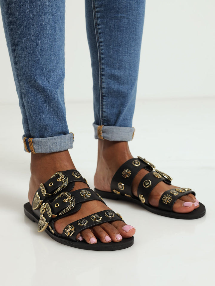 Surreal Double Western Buckle Mule With Charm - Black