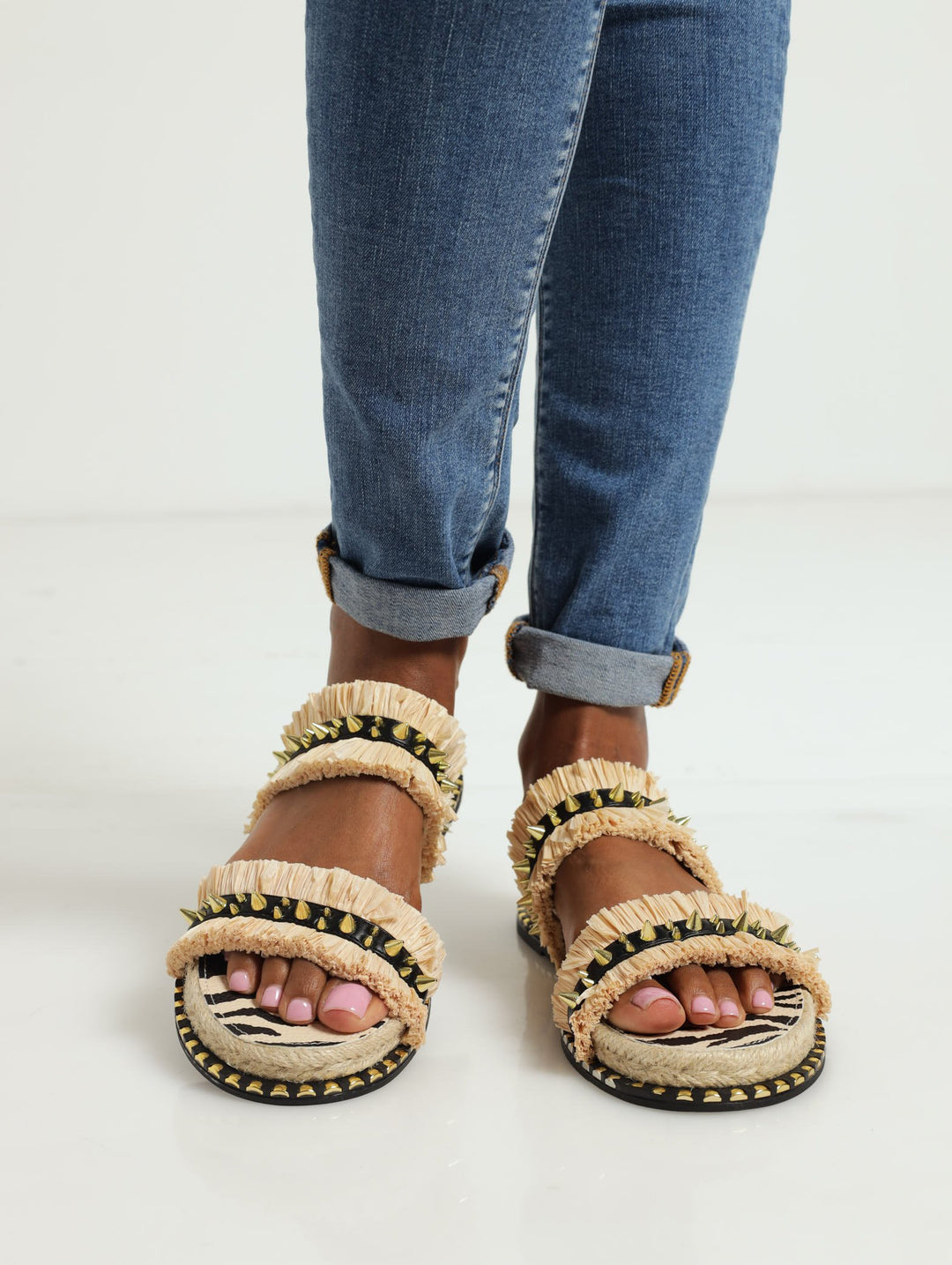 Satori Double Raffia Spike Strap Zebra Rope Sandal - Oatmeal