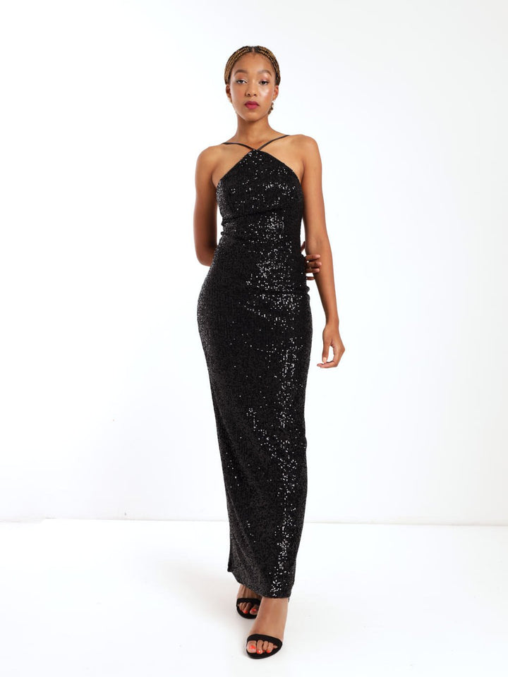 Ladies Maxi Multi-Strap Sequin Dress - Black