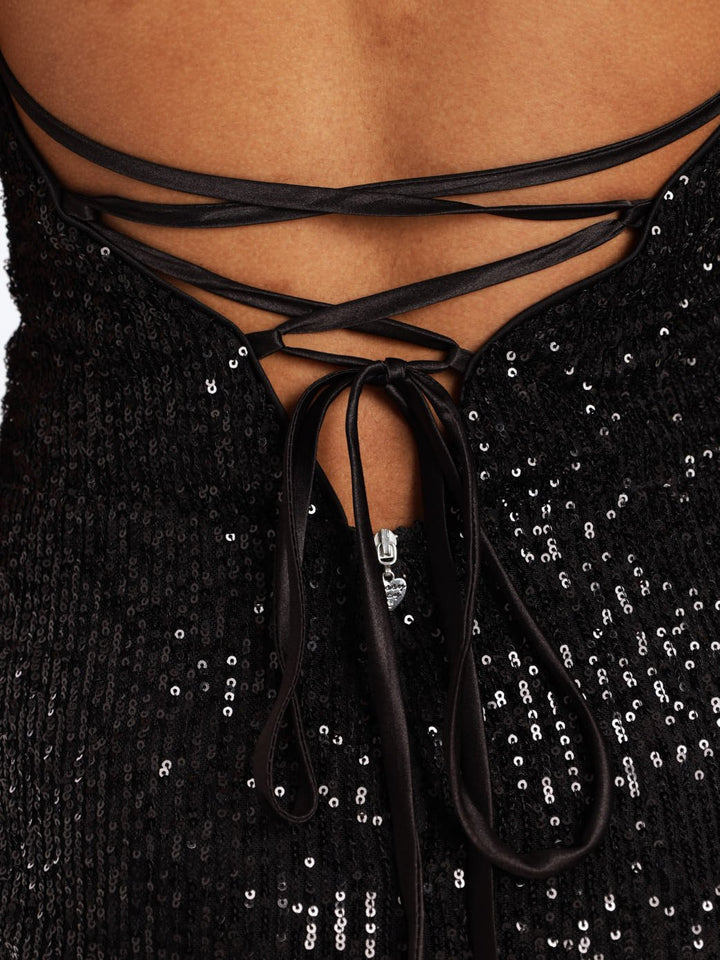 Ladies Maxi Multi-Strap Sequin Dress - Black