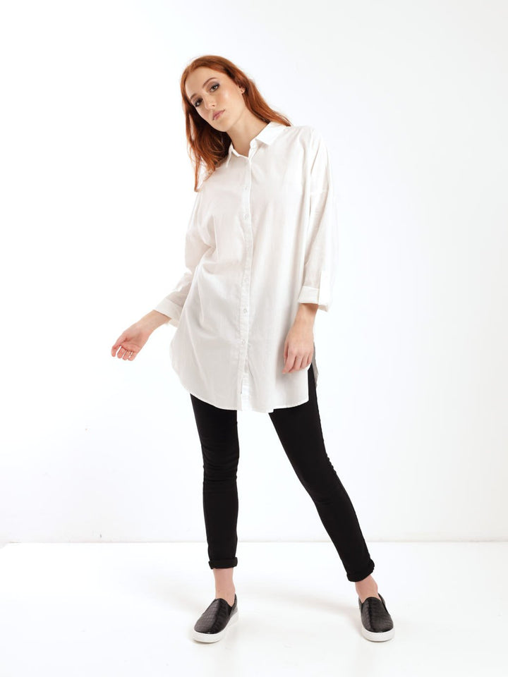 Ladies Long Sleeve Lightweight Longer Length Shirt - White
