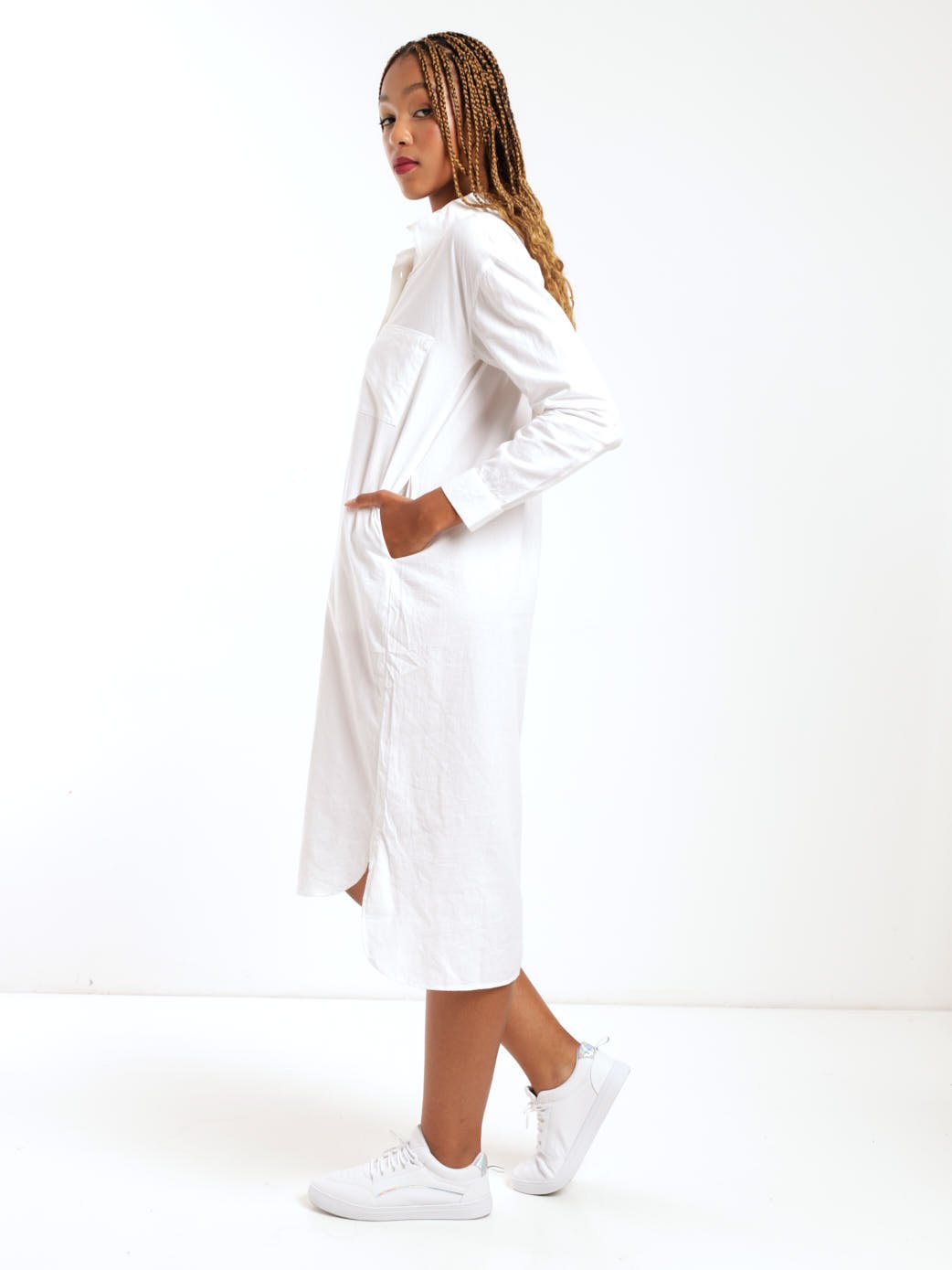 Ladies Embroidered Shirt Dress - White