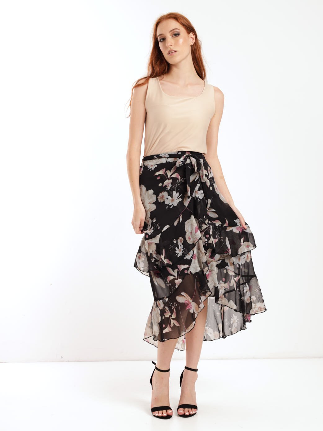 Ladies Floral Frill Detail Midi Skirt - Black
