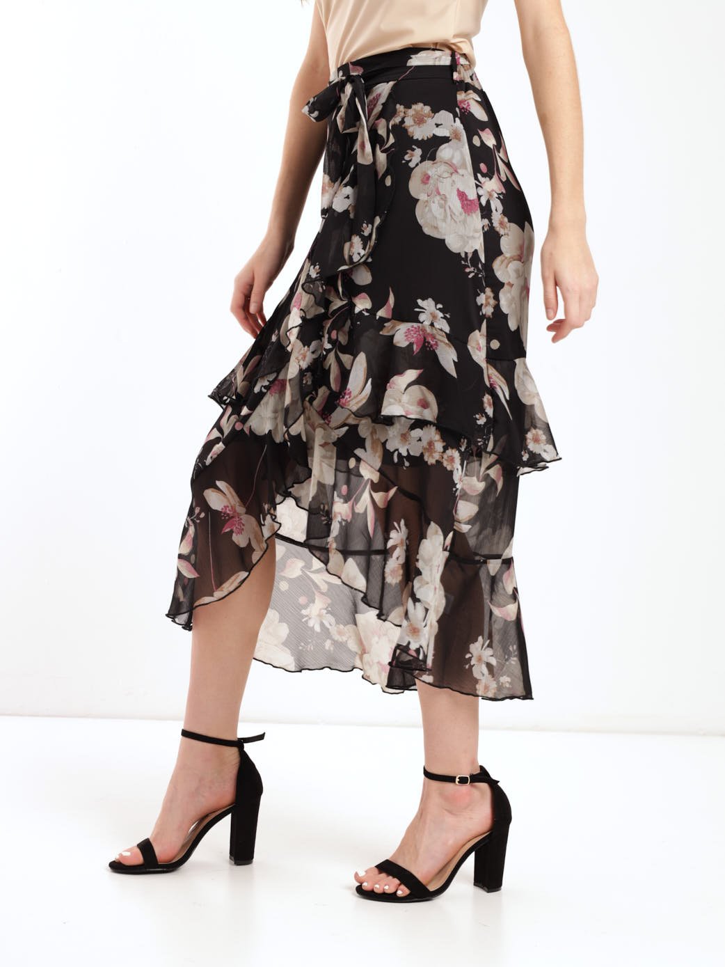 Ladies Floral Frill Detail Midi Skirt - Black