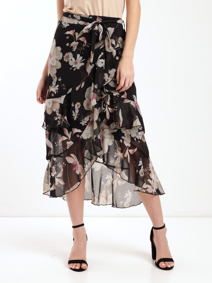 Ladies Floral Frill Detail Midi Skirt - Black