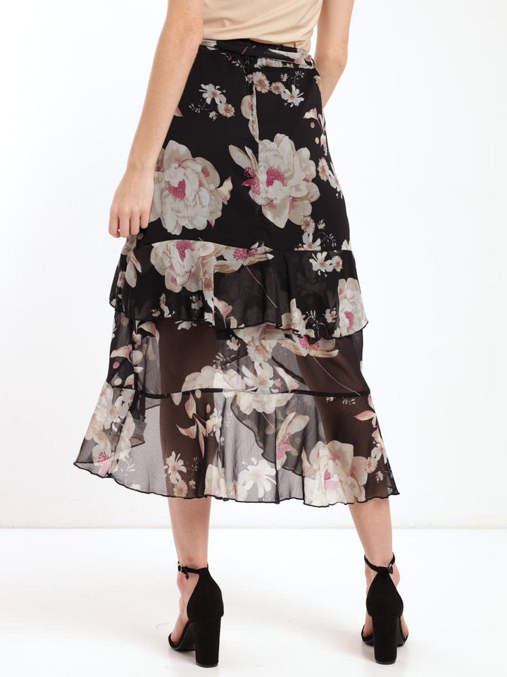 Ladies Floral Frill Detail Midi Skirt - Black