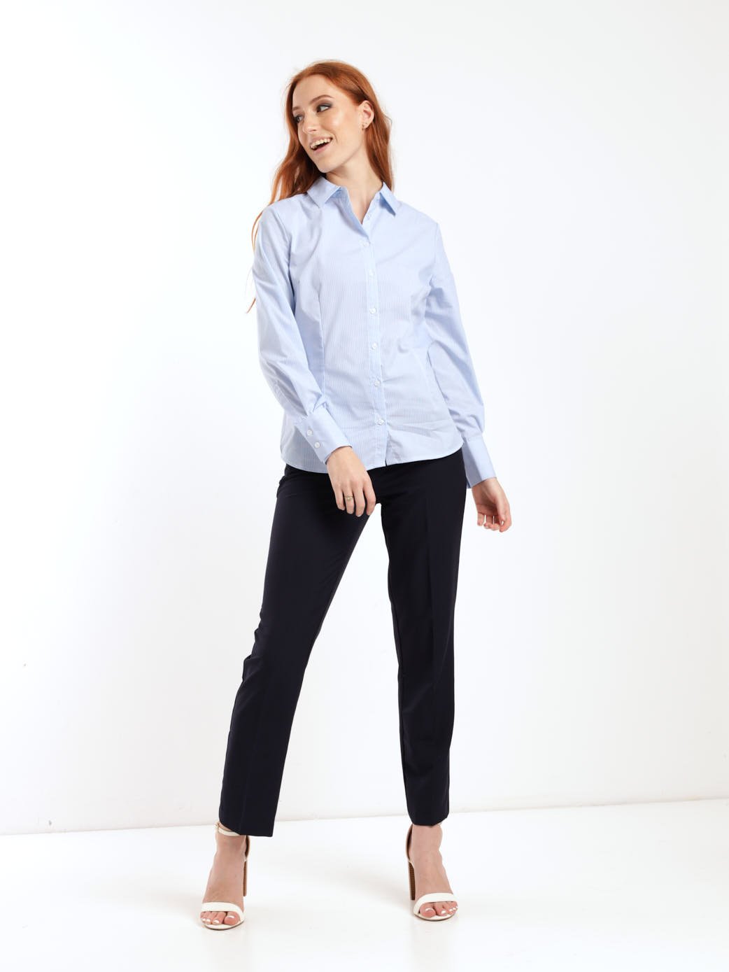 Ladies Classic Formal Striped Shirt - White/Blue