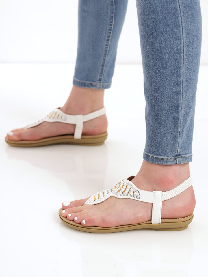 Ladies Padded Elasticated Beaded Thong Sandal - White