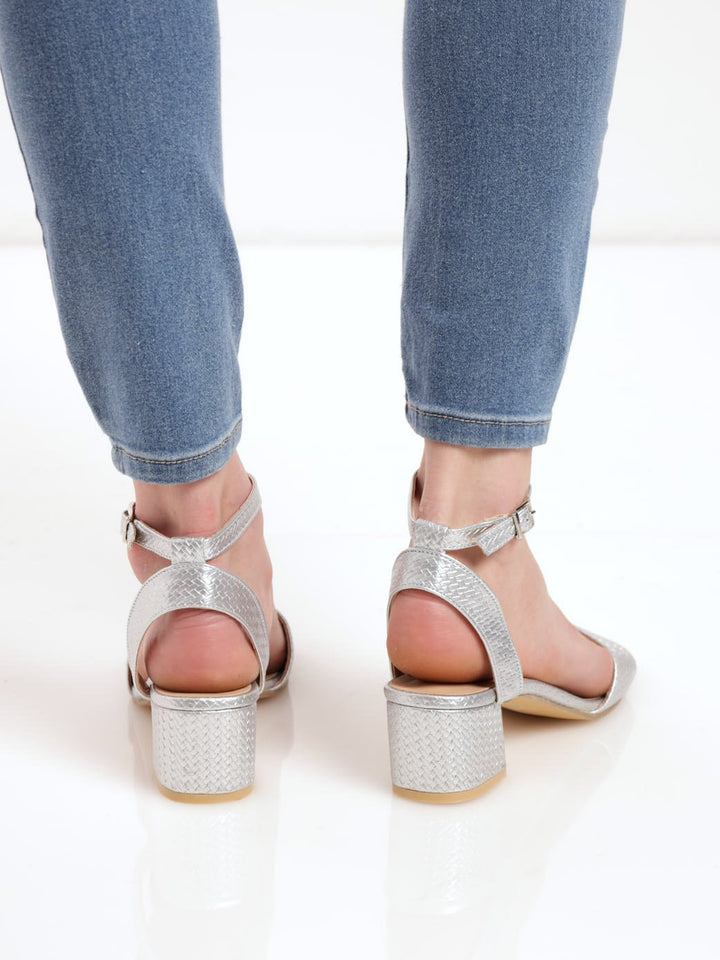 Ladies Shaped Vamp Low Block Heel - Silver