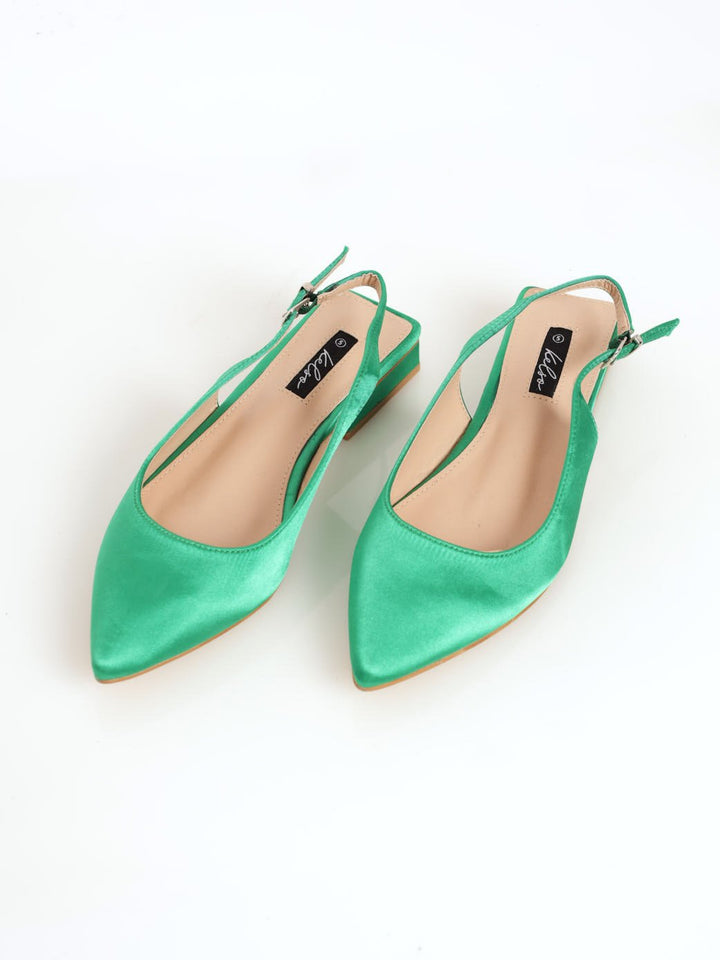 Ladies Satin Low Block Heel Slingback Pointy Shoe - Green