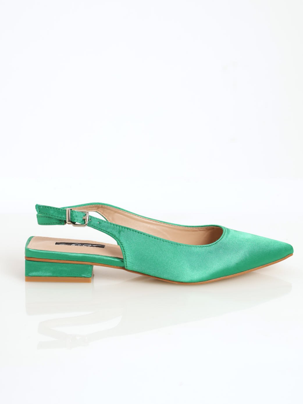 Ladies Satin Low Block Heel Slingback Pointy Shoe - Green