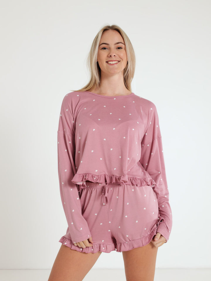 Long Sleeve Frill Hem Top And Short Set - Dusty Pink