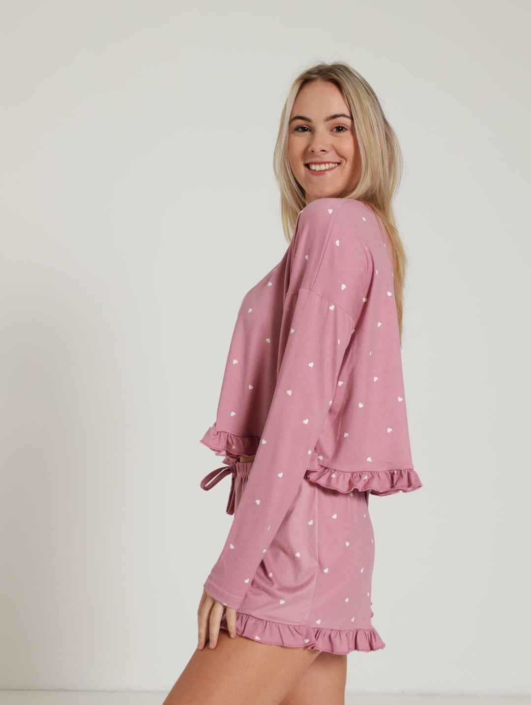 Long Sleeve Frill Hem Top And Short Set - Dusty Pink