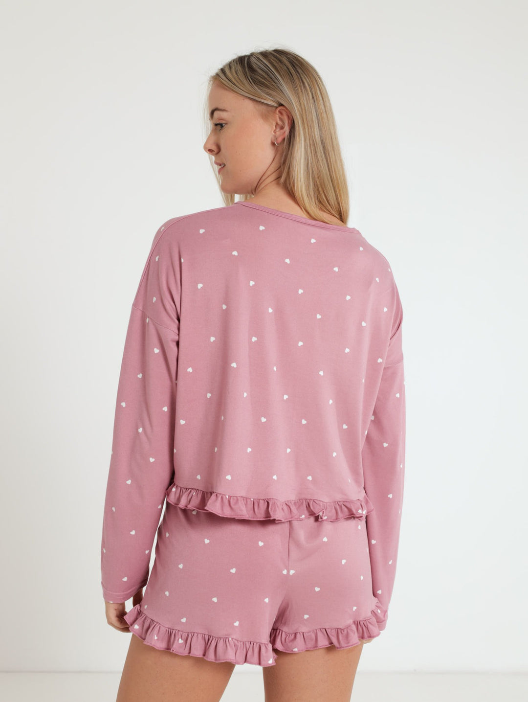 Long Sleeve Frill Hem Top And Short Set - Dusty Pink