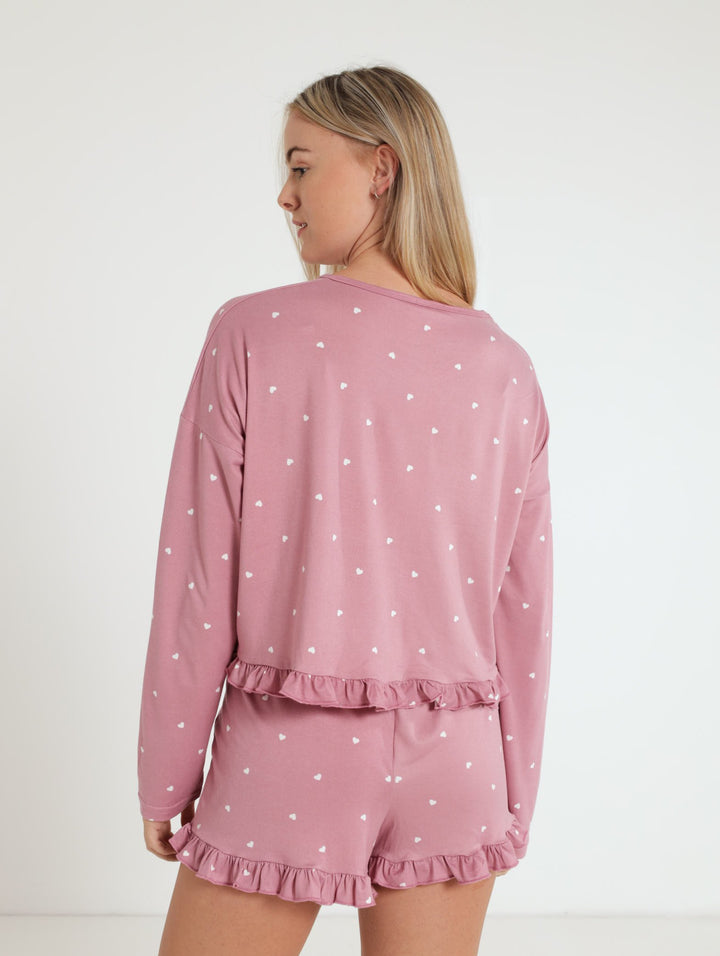 Long Sleeve Frill Hem Top And Short Set - Dusty Pink