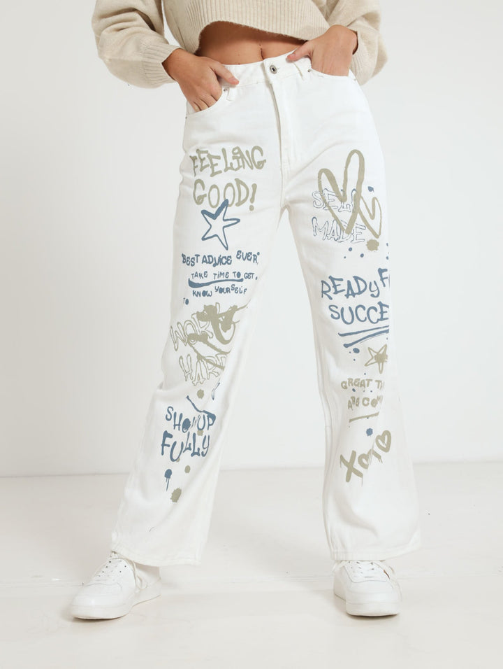 90'S Graffiti Print Jean - White