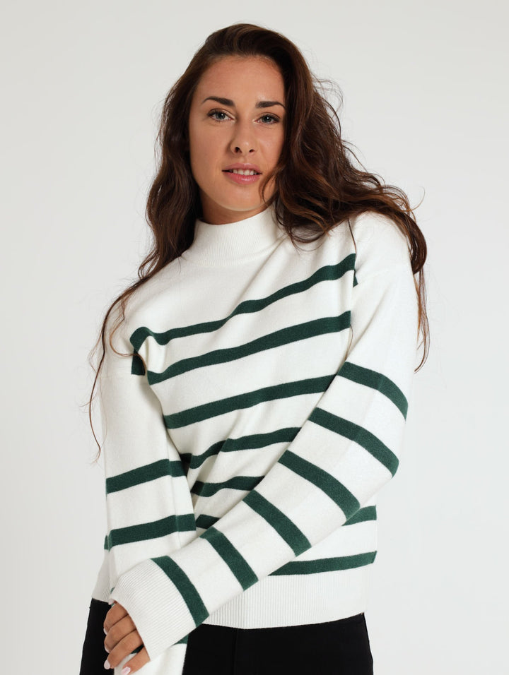 Long Sleeve Stripe Academia Sweater - White/Green