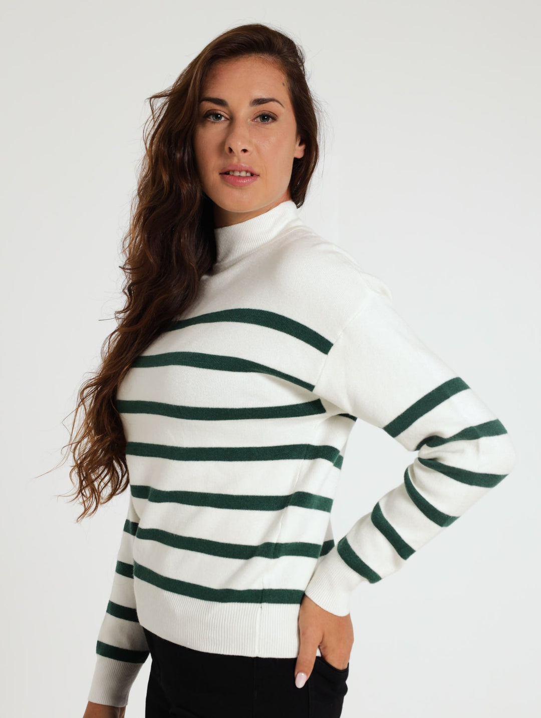 Long Sleeve Stripe Academia Sweater - White/Green