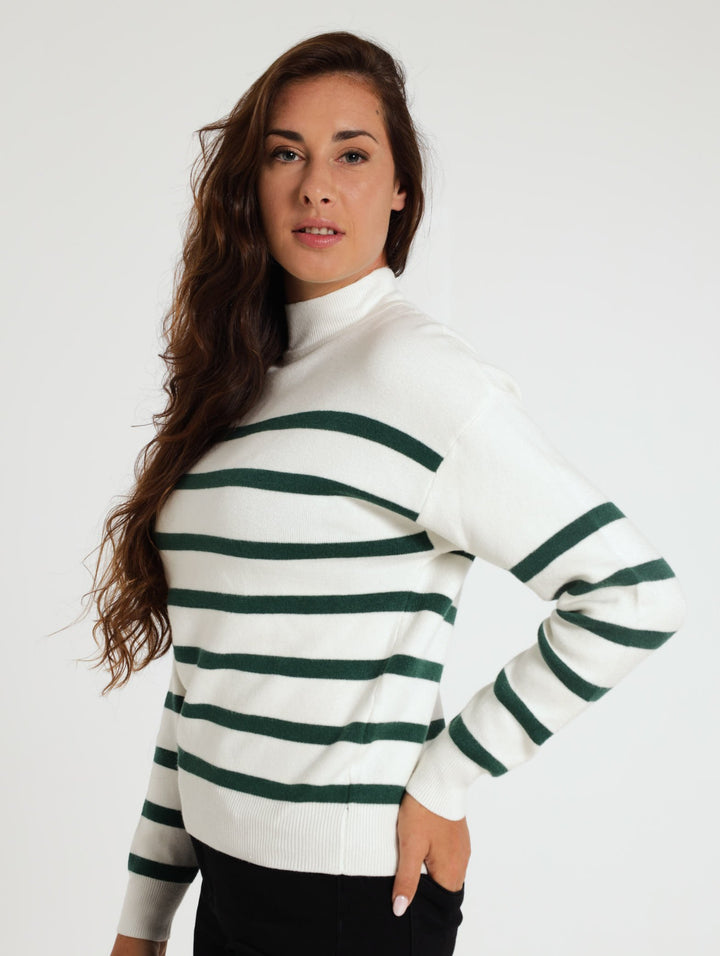 Long Sleeve Stripe Academia Sweater - White/Green
