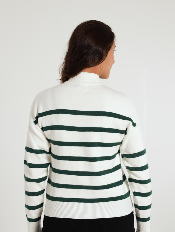 Long Sleeve Stripe Academia Sweater - White/Green
