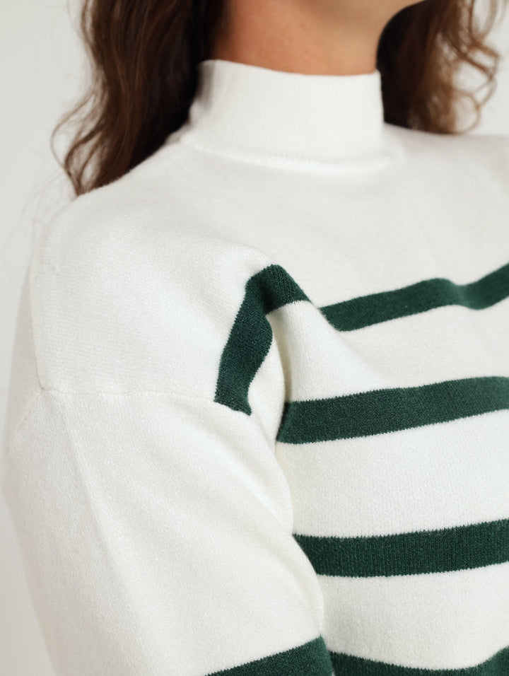 Long Sleeve Stripe Academia Sweater - White/Green